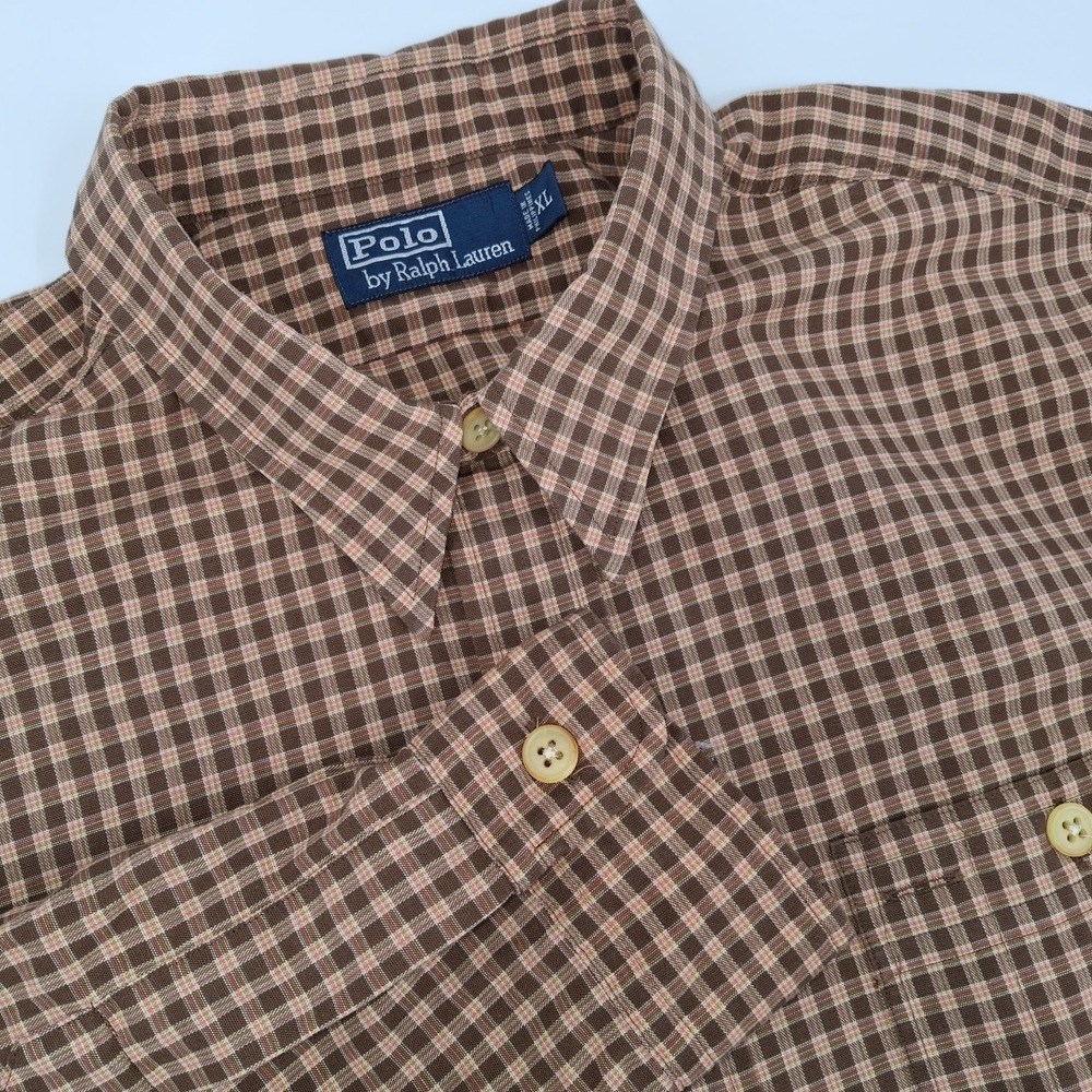 Polo Ralph Lauren Shirt Mens XL Brown Plaid With Hint Of Salmon Lines Button Up